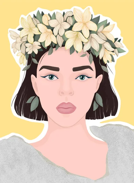 Fille Aux Cheveux Bruns Dans Une Couronne Fleurs Jaunes Vecteur — Image vectorielle