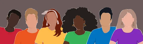 people from different ethnic groups in rainbow-colored clothes. LGBT community. Human rights. LGBTQ. Flat illustration, pride month.	