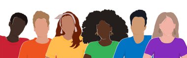 people from different ethnic groups in rainbow-colored clothes. LGBT community. Human rights. LGBTQ. Flat illustration, pride month.	