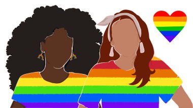 Gökkuşağı tişörtü giymiş lezbiyen çift. lgbt desteği. İnsan hakları. afiş, afiş. vektör düz illüstrasyon
