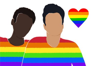 Gökkuşağı tişörtü giymiş eşcinsel bir çift. lgbt desteği. İnsan hakları. afiş, afiş. vektör düz illüstrasyon