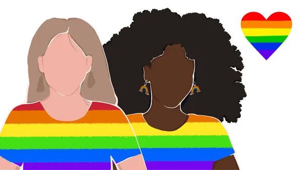 Lesbiska Par Klädda Regnbåge Shirts Stöd För Lgbt Mänskliga Rättigheter — Stock vektor