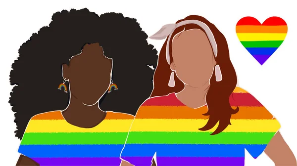 Gökkuşağı tişörtü giymiş lezbiyen çift. lgbt desteği. İnsan hakları. afiş, afiş. vektör düz illüstrasyon