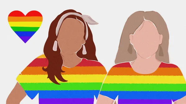 Lesbický Pár Duhových Tričkách Podporu Pro Igbt Lidských Práv Plakát — Stock fotografie