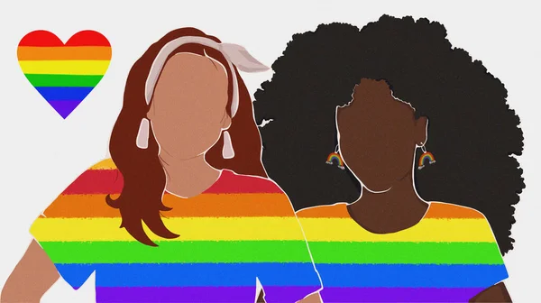 Lesbiska Par Klädda Regnbåge Shirts Stöd För Lgbt Mänskliga Rättigheter — Stockfoto