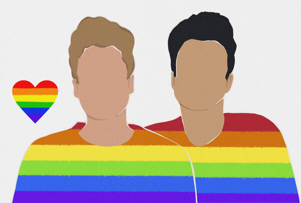 gay couple dressed in rainbow t-shirts. support for lgbt. human rights. poster, banner.  flat illustration