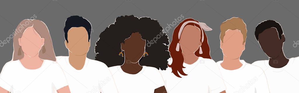 a group of diverse people from different ethnic backgrounds are standing together wearing white T-shirts. all people are equal.  flat illustratio
