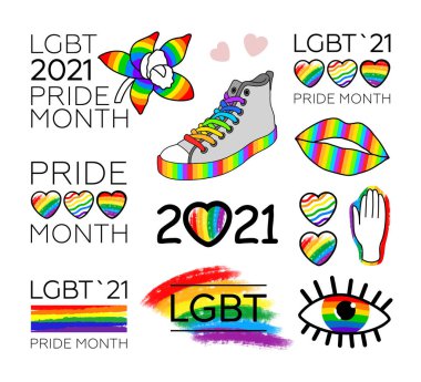 Büyük LGBT Gurur Ayı 2021. LGBT bayrak fırça darbesi, logolar, semboller ve çıkartmalar. İnsan hakları ve hoşgörü. Beyaz arka grupta vektör illüstrasyonu izole edildi