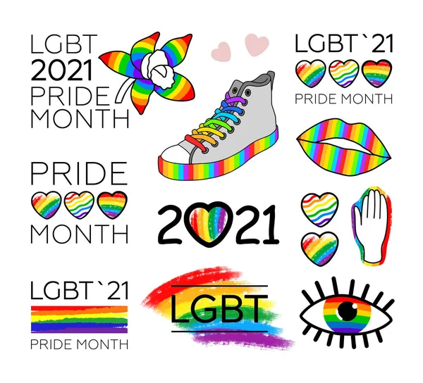 Büyük LGBT Gurur Ayı 2021. LGBT bayrak fırça darbesi, logolar, semboller ve çıkartmalar. İnsan hakları ve hoşgörü. Beyaz arka grupta vektör illüstrasyonu izole edildi