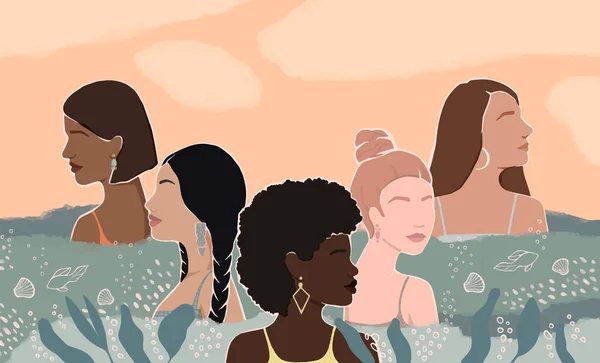 Diversas Mujeres Multiétnicas Juntas Las Olas Del Mar Amanecer Vector — Archivo Imágenes Vectoriales