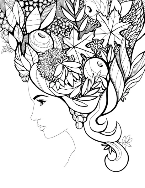 Yapraklardan, meyvelerden ve meyvelerden yapılmış saçları olan bir kadın. Kafasında sonbahar buketi. Siyah ve silik grafikler. Logo ve mesaj için yer. Kitap, dergi, kitapçık, kuaför broşürü.