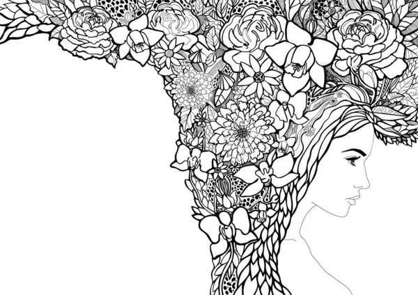 Mädchen Mit Haaren Aus Blättern Und Blumen Blumenstrauß Auf Dem — Stockfoto