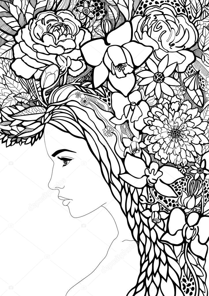 woman with hair made of leaves and flowers. Floral bouquet on the head. Black and white hand illustration. Cover for book or magazine, booklet, brochure for hairdresser, gardener, vegan