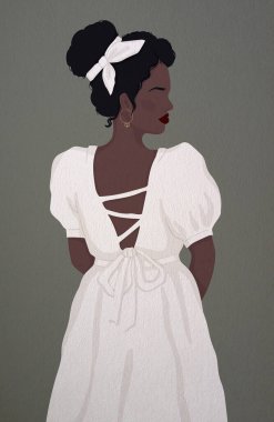 Sırtı açık, beyaz, klasik elbiseli meçhul siyah gelin. izole modern illüstrasyon. Poster, kartpostal, afiş, kitap kapağı veya dergi için.