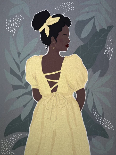 Arkası Yapraklarla Kaplı Sarı Antika Elbiseli Meçhul Afrikalı Kadın Düz — Stok fotoğraf