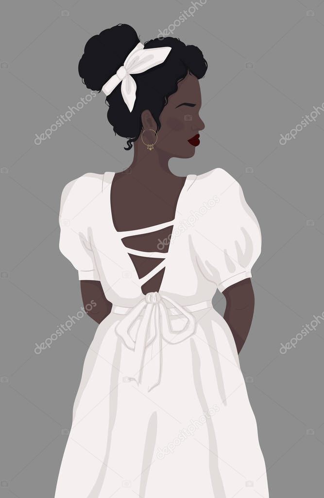 faceless black woman in white vintage dress with open back. vector isolated modern illustration. For poster, postcard, banner, book cover or magazin