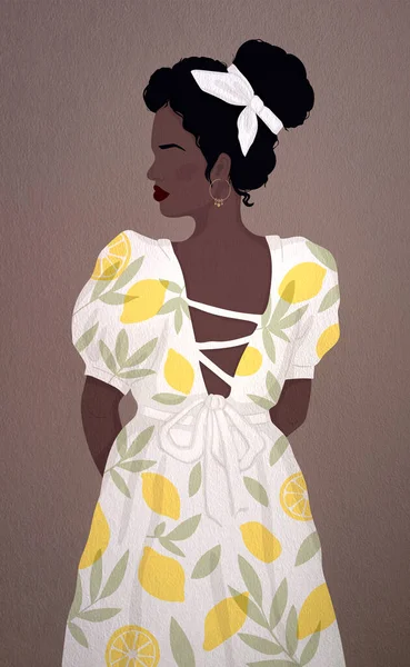 Africká Žena Bez Tváře Bílých Šatech Malovanými Citróny Stojí Zády — Stock fotografie