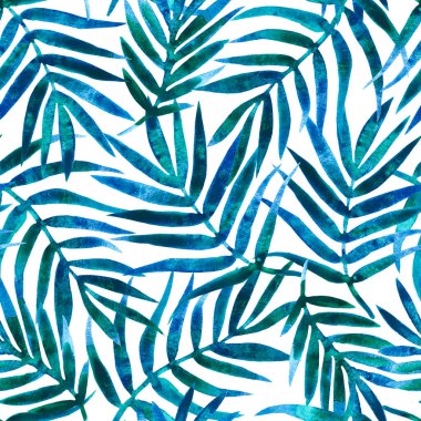 El çizimi suluboya palmiye yaprakları. Kusursuz bir yaz şablonu. Kumaş, giysi, ambalaj kağıdı ve diğer gruplar için.