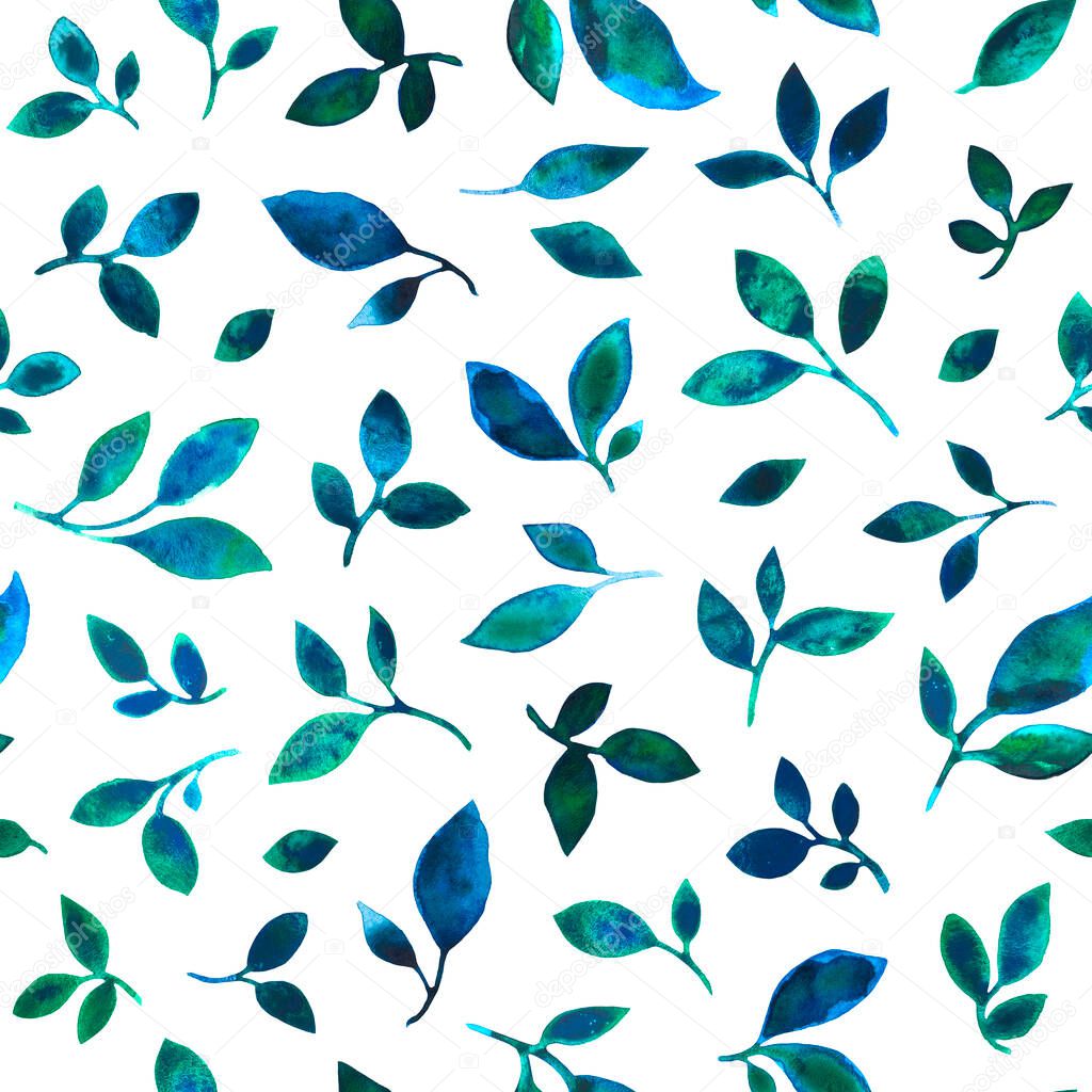 hand drawing watercolor stains leaves. seamless summer turquoise pattern. for fabric, clothing, wrapping paper and any backgroun