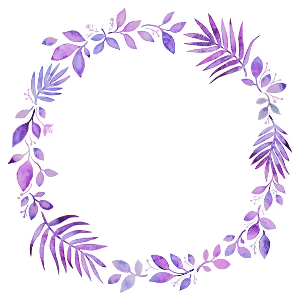 Світло Фіолетовий Вінок Листя Пофарбований Пензлем Аквареллю Білому Тлі Фон — стокове фото