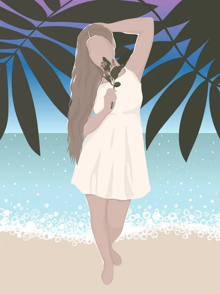 Žena Květinou Bílých Šatech Stojí Pláži Pozadí Palem Moře Plochá — Stock fotografie