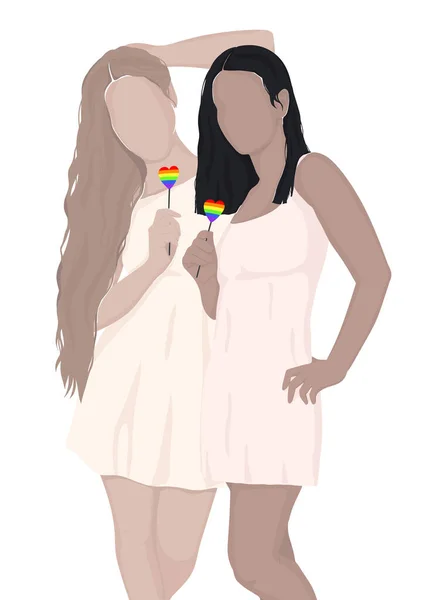 Pareja Gay Diferentes Grupos Étnicos Sosteniendo Corazones Arco Iris Ilustración — Foto de Stock