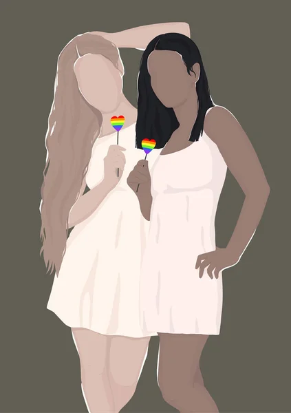 Pareja Lesbianas Diferentes Grupos Étnicos Con Corazones Arco Iris Vector — Vector de stock