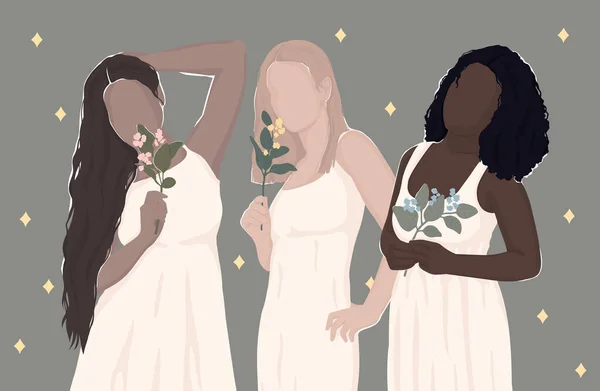 Women Different Nationalities Holding Flowers Together White Dresses Modern Summer — 스톡 사진