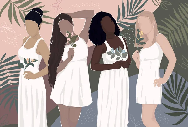 白いドレスを着た異なる民族の女性たちが葉を背景に手に花を持っています ポストカード 雑誌や表紙 ポスター バンヌのための現代的なフラットイラスト — ストック写真