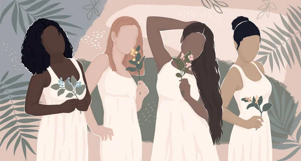 Des Femmes Différents Groupes Ethniques Ensemble Illustration Plate Moderne — Image vectorielle