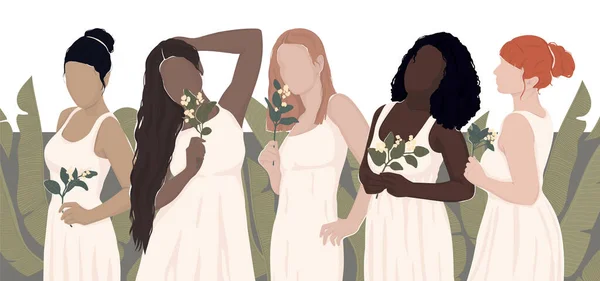 Des Femmes Différents Groupes Ethniques Tiennent Des Fleurs Dans Leurs — Photo