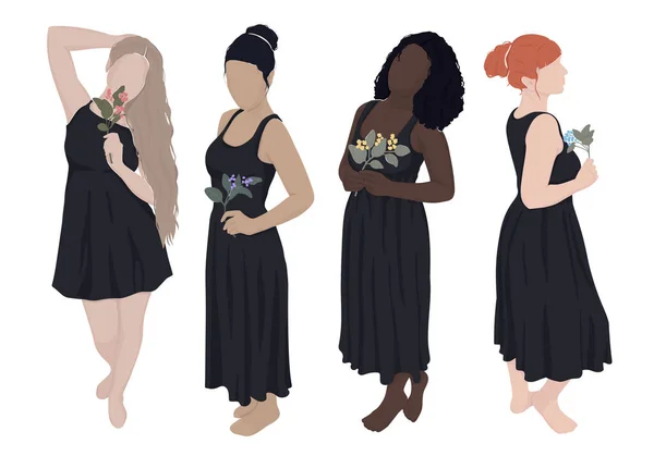 Jogo Mulheres Diferentes Desenhadas Vestidos Pretos Que Prendem Flores Suas — Fotografia de Stock