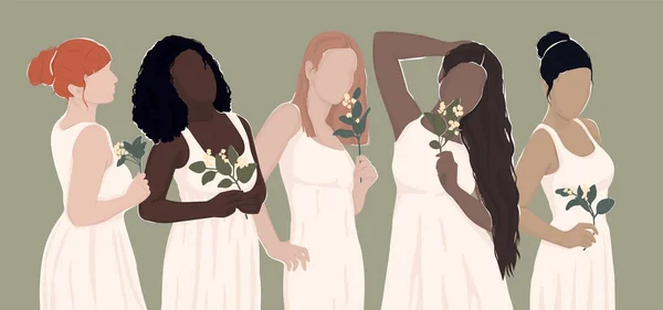 Grupo Mulheres Atraídas Diferentes Grupos Étnicos Vestidos Brancos Segurar Flores — Fotografia de Stock