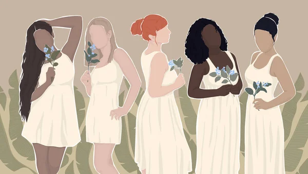 Des Femmes Différents Groupes Ethniques Tiennent Des Fleurs Dans Leurs — Image vectorielle