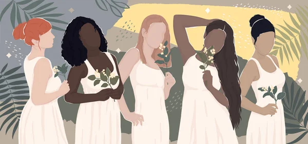 白いドレスを着た異なる民族の女性たちが手に花を持っています ベクトル モダン フラットイラスト 層に隔離されてる ポストカード ポスター バナー 雑誌の入り江 — ストックベクタ