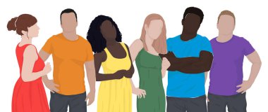 Farklı etnik gruplardan, gökkuşağı renginde giyinmiş bir grup insan. LGBT topluluğu. İnsan hakları. LGBTQ+. Vektör Düz Çizim, gurur ayı. Kartpostal, poster, afiş, dergi için