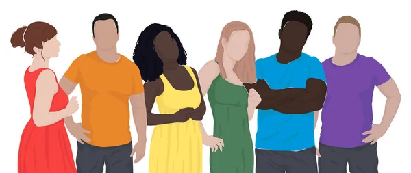 Farklı etnik gruplardan, gökkuşağı renginde giyinmiş bir grup insan. LGBT topluluğu. İnsan hakları. LGBTQ+. Vektör Düz Çizim, gurur ayı. Kartpostal, poster, afiş, dergi için