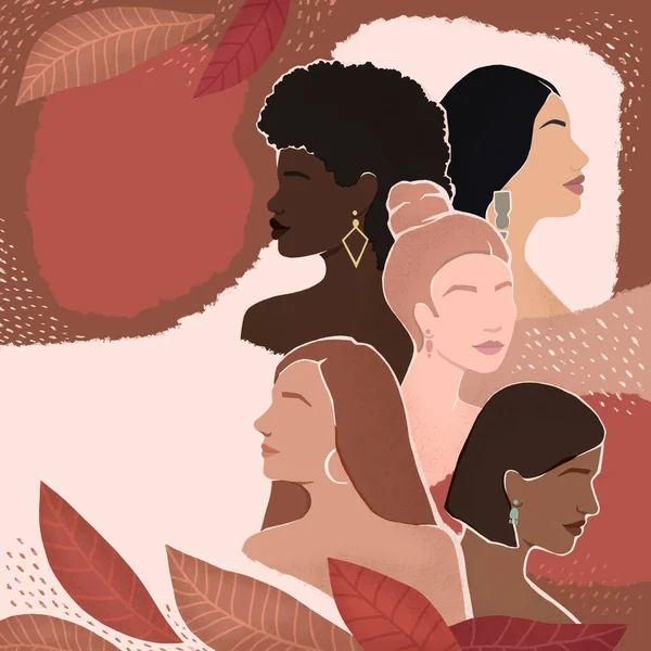 women of different ethnic groups together in autumn. modern flat illustration. fall leaves and patterns. space for your text and logo. for poster, banner or postcard