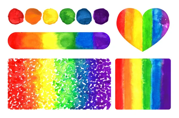 Suluboya ile boyanmış büyük bir LGBT Gurur Ayı seti. Fırça darbesi, gökkuşağı, LGBT bayraklı semboller. İnsan hakları ve hoşgörü. Vektör illüstrasyonu beyaz arkaplanda izole edildi
