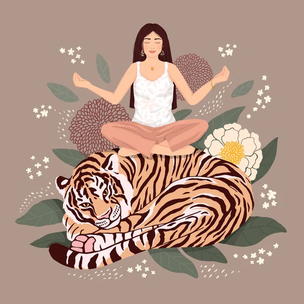 Kız yoga yapıyor, kaplanın üstünde oturuyor, kıvrılıp yatıyor. Yaprak ve çiçeklerden oluşan bir arka planda. Modern düz çizim. Kartpostal, poster, kitap ambarı için.