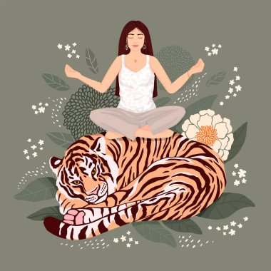 Kız yoga yapıyor, kaplanın üstünde oturuyor, kıvrılıp yatıyor. Yaprak ve çiçeklerden oluşan bir arka planda. Vektör modern düz çizim. Kartpostal, poster, kitap ambarı için.