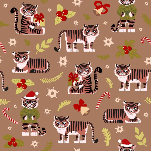 cute tigers celebrate christmas. seamless pattern of Christmas symbols. Spruce branches, snowflakes, bells, gifts, sweets. For wrapping paper, fabric, cards and other designs. childrens illustratio