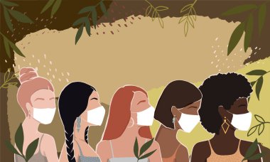 Farklı ırktan kadınlar, soyut bir sonbahar arka planında yapraklarla birlikte maske takarlar. Modern düz çizim. Katmanlarla izole edilmiş. Kadınları güçlendirme hareketi. Uluslararası Kadınlar Günü. 