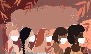Farklı ırktan kadınlar, soyut bir sonbahar arka planında yapraklarla birlikte maske takarlar. Modern vektör düz çizim. Katmanlarla izole edilmiş. Kadınları güçlendirme hareketi. Uluslararası Kadınlar Günü. 