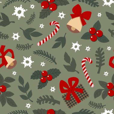 Güzel çizilmiş noel unsurları - köknar dalları, çanlar, şekerler, ökseotu, hediyeler, kar taneleri, yapraklar. Ambalaj kağıdı, arkaplan, kumaş için vektörsüz desen. Nesne kümesi izole et