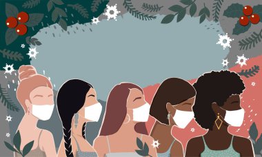 Farklı ırktan kadınlar, soyut bir kış geçmişinde Noel unsurlarıyla birlikte maske takıyorlar. Modern düz çizimler. Kadınların güçlenmesi için hareket. 