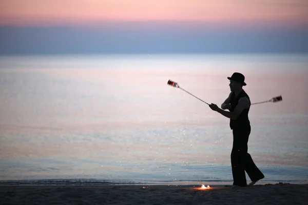 Fire show on the beach — Stock Photo, Image