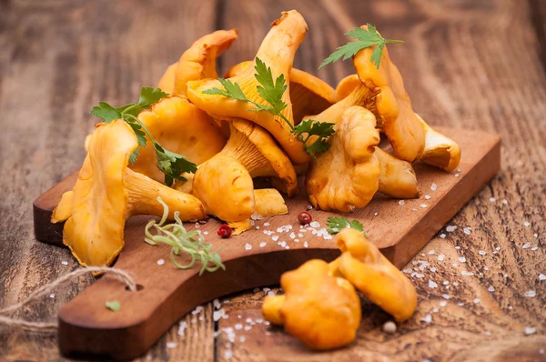 Taze Cantharellus cibarius mantar rustik bir tabloda, yakın çekim