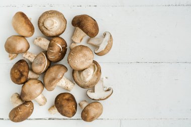 Ahşap arka plan üzerinde shiitake mantar Üstten Görünüm