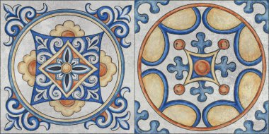 Azulejos fayansları. Portekizce ve mavi renk tonlarında oryantal fayanslar. Arabesk ve Rokoko süsü. 